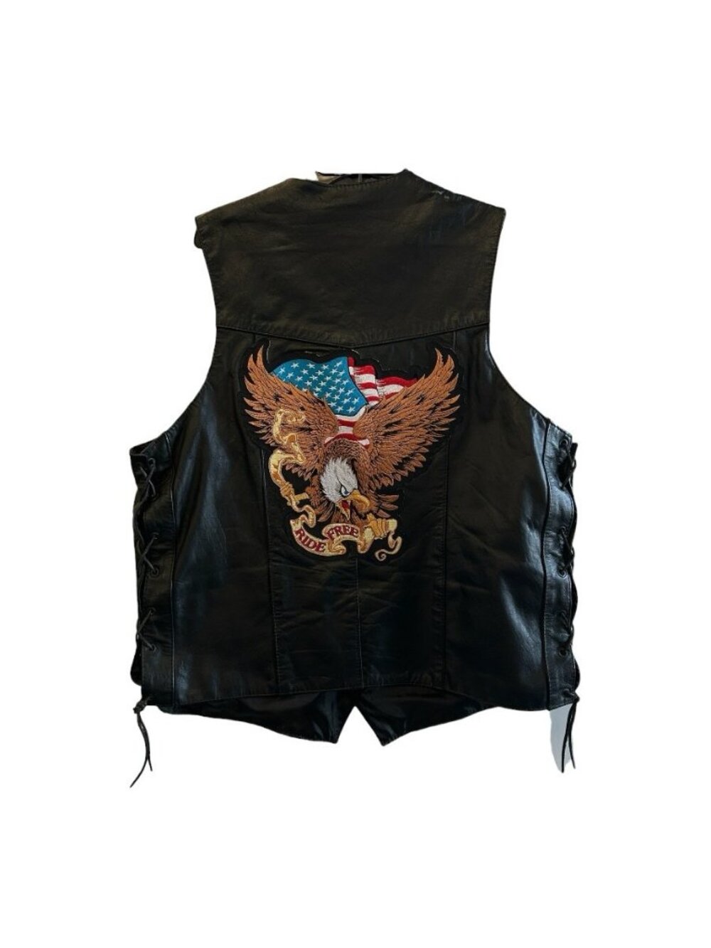 UNIK Leather Black Motorcycle Vest Lace Up Side Eagle Flag Ride Free MENS 48T